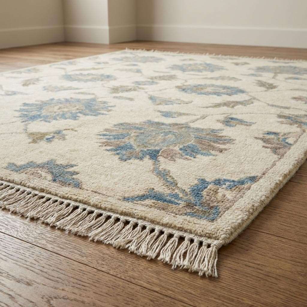 Artisan made Oushak style rug featuring soft ivory background and distressed blue floral design