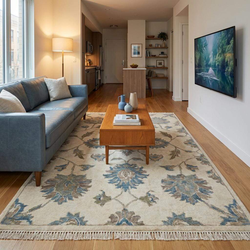 Elegant handmade wool area rug with timeless floral pattern and classic neutral color palette