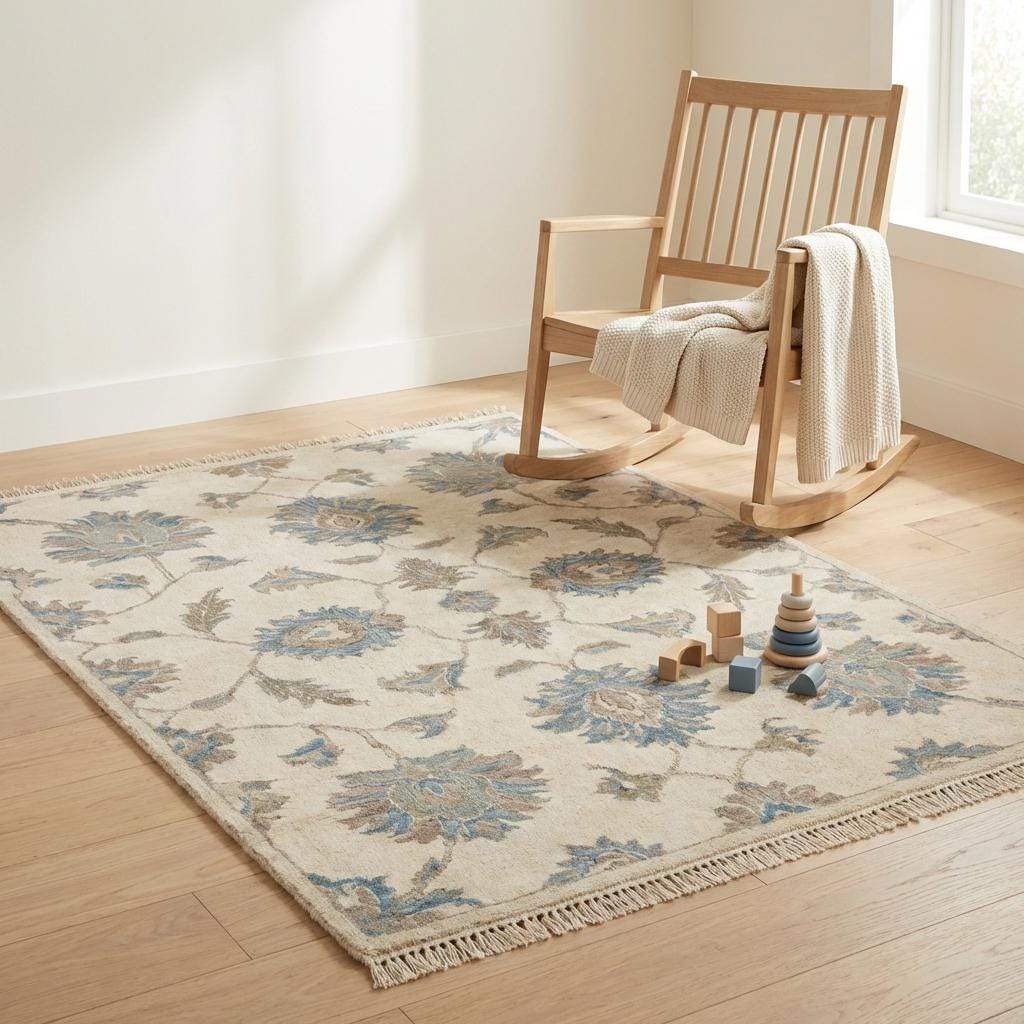 Hand Knotted Oushak Wool Rug, Floral Neutral Living Room Area Carpet