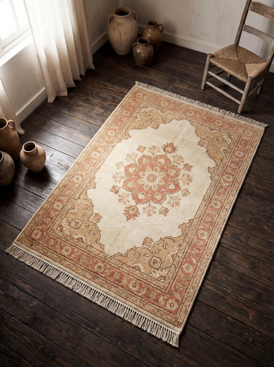 Hand Knotted Oushak Wool Rug with ivory and terracotta floral medallion in vintage style