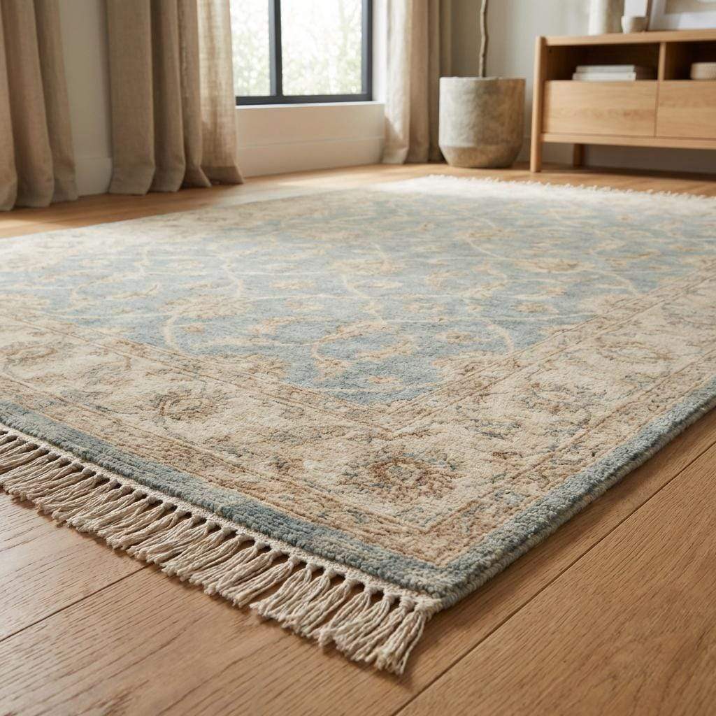 Hand knotted Oushak wool rug in light blue and beige with vintage floral design and artisan craftsmanship