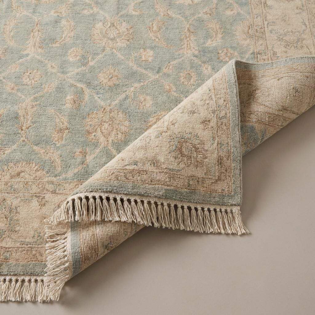 Hand knotted Oushak wool rug in light blue and beige with vintage floral design and soft texture