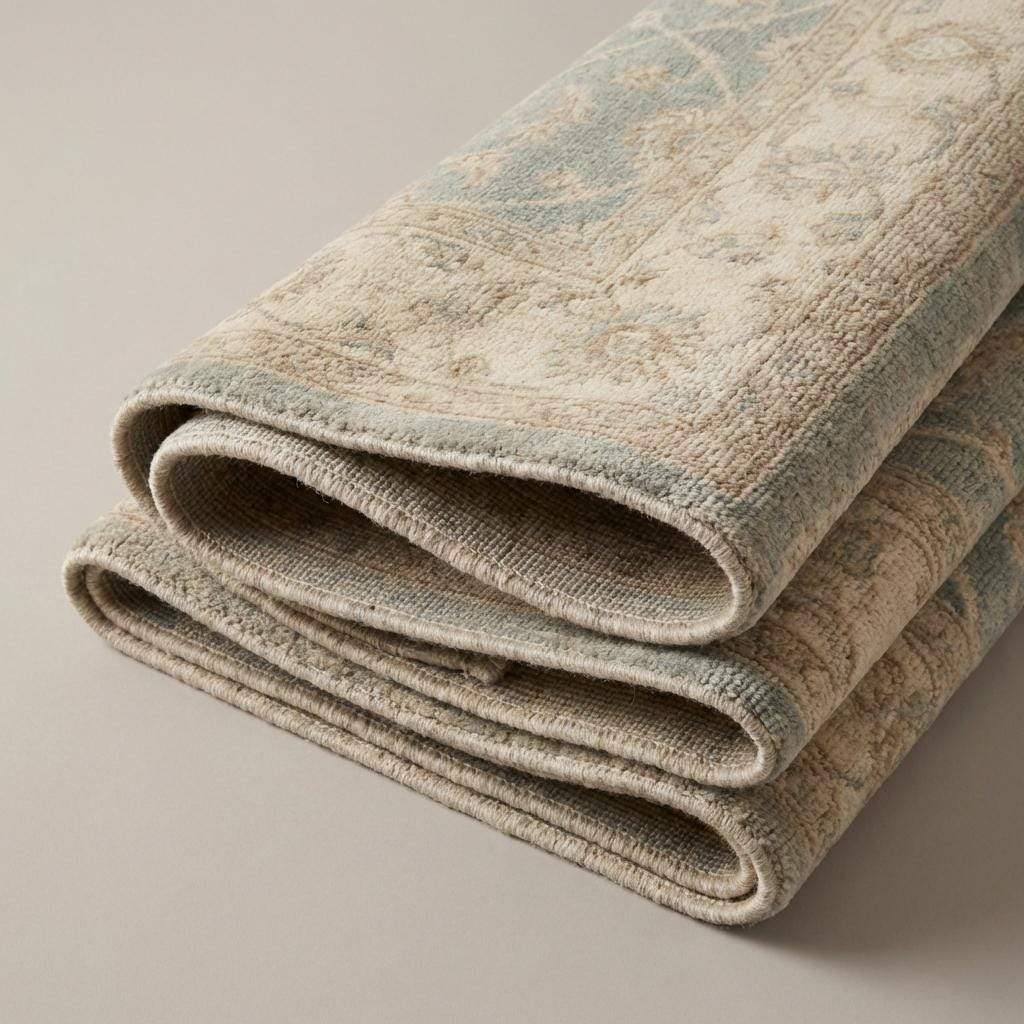 Hand Knotted Oushak Wool Rug in light blue and beige with vintage floral design and neutral Turkish style