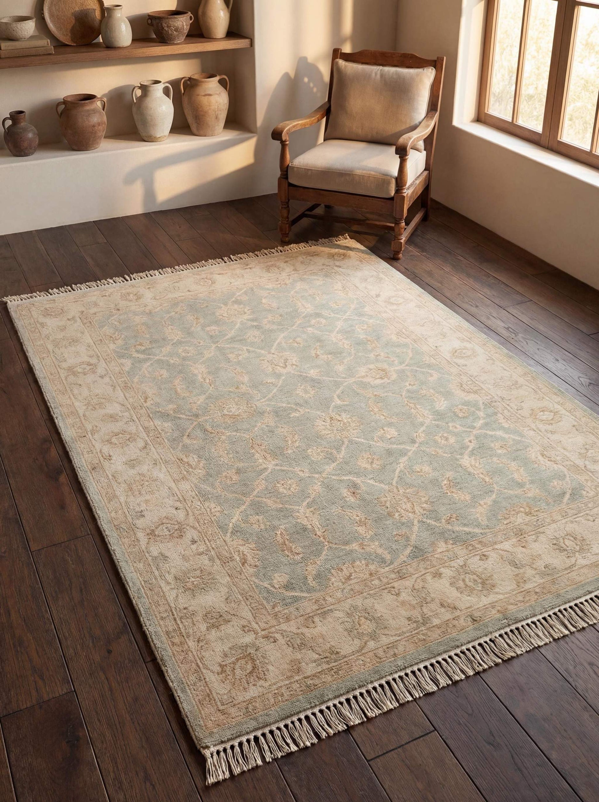 Hand Knotted Oushak Wool Rug in light blue and beige with vintage floral design and Turkish craftsmanship
