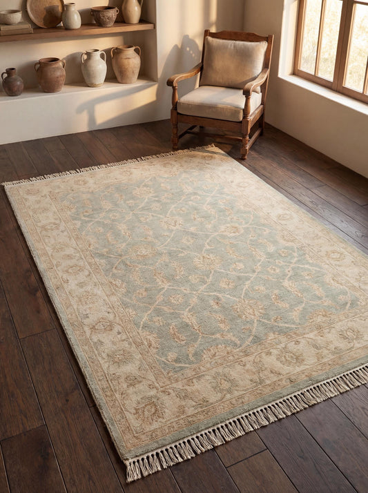 Hand Knotted Oushak Wool Rug in light blue and beige with vintage floral design and Turkish craftsmanship