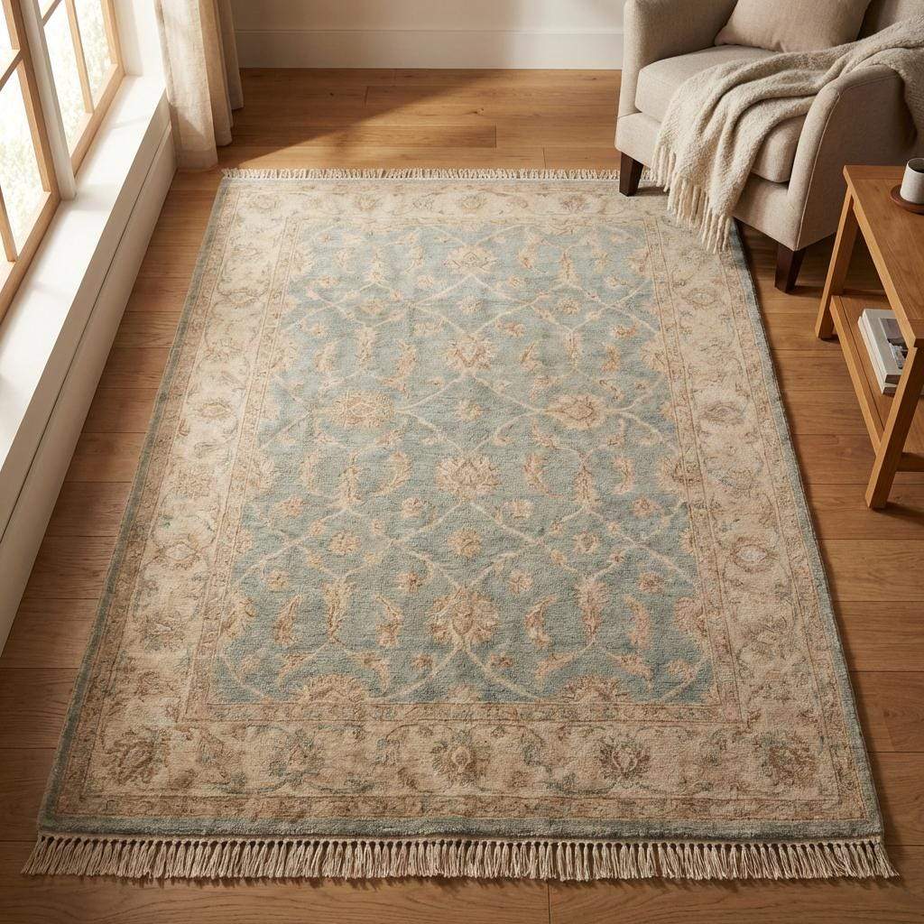 Hand knotted Oushak wool rug in light blue and beige with vintage floral design and neutral Turkish style