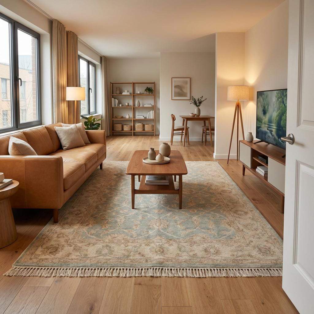 Hand knotted Oushak wool rug in light blue and beige with vintage floral design and neutral Turkish style for living room
