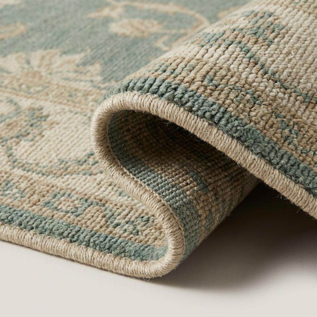 Close-up of hand knotted wool rug showing low pile texture and individual knot structure