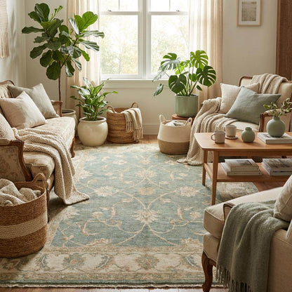 Neutral hand knotted rug styled in living room with wooden flooring