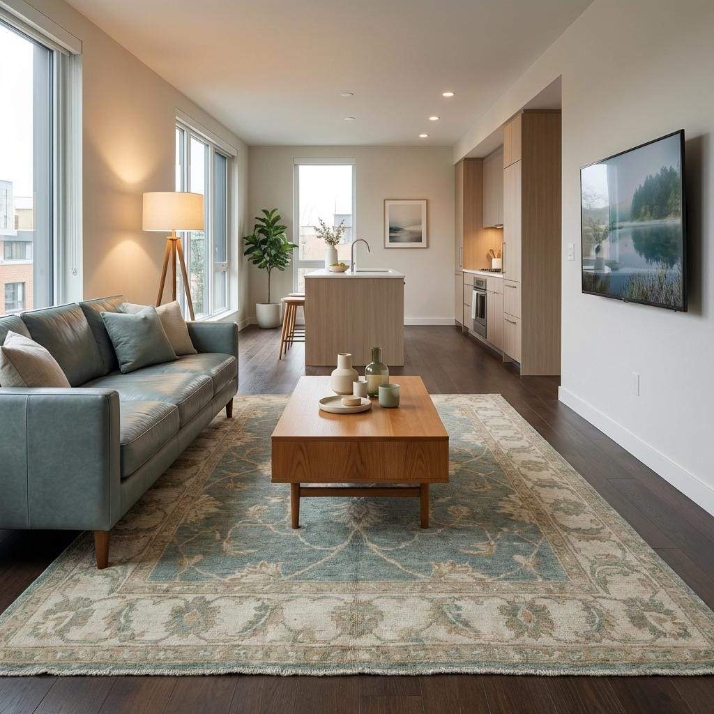 Authentic wool Oushak rug featuring soft abrash and classic border design