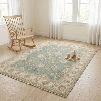 Hand Knotted Oushak Wool Rug Sage Green Floral Area Rug