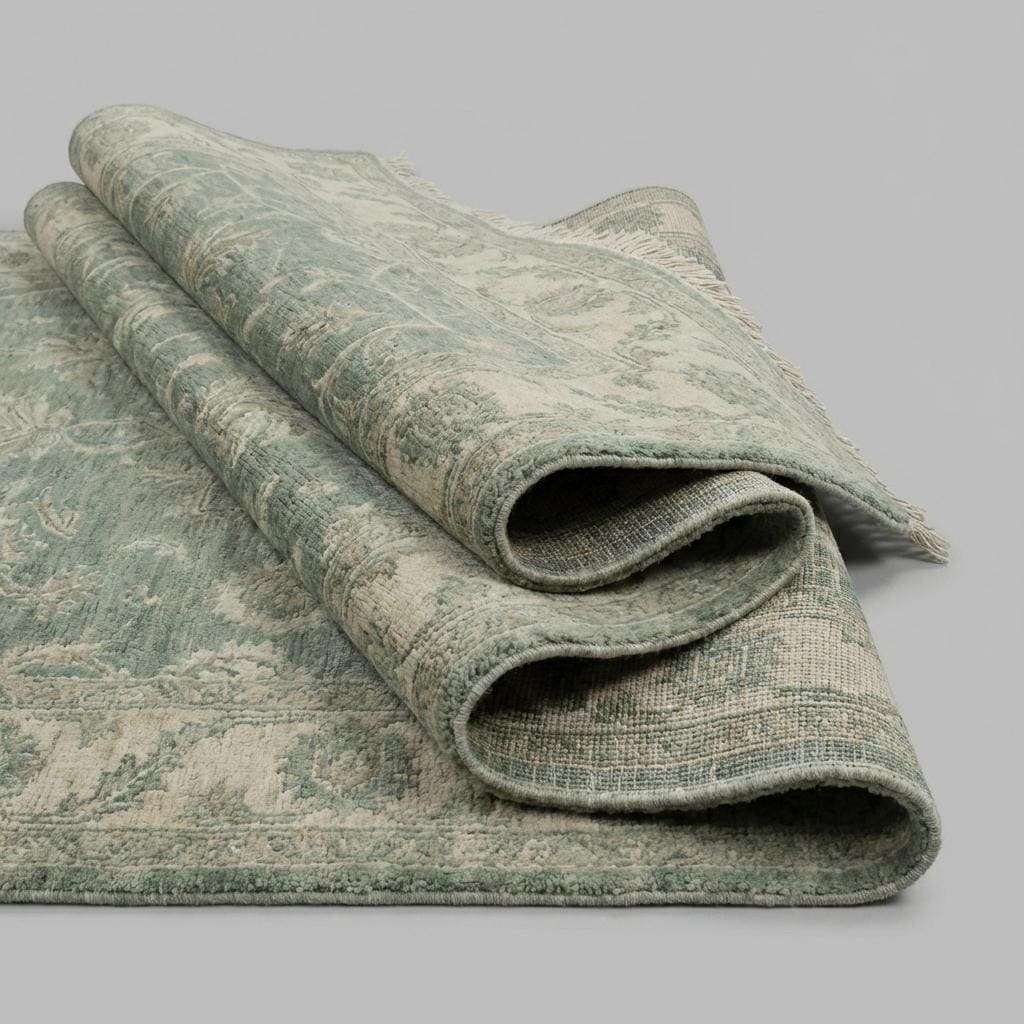 Hand knotted Oushak wool rug with sage green vintage floral design in Persian style interior