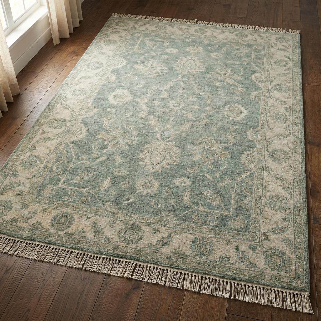 Hand knotted Oushak wool rug in sage green with vintage floral Persian design, 8x10 area carpet