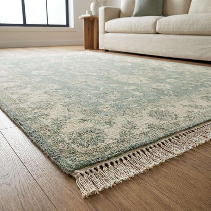 Hand knotted Oushak wool rug with sage green vintage floral design in traditional Persian style, 8x10 area rug