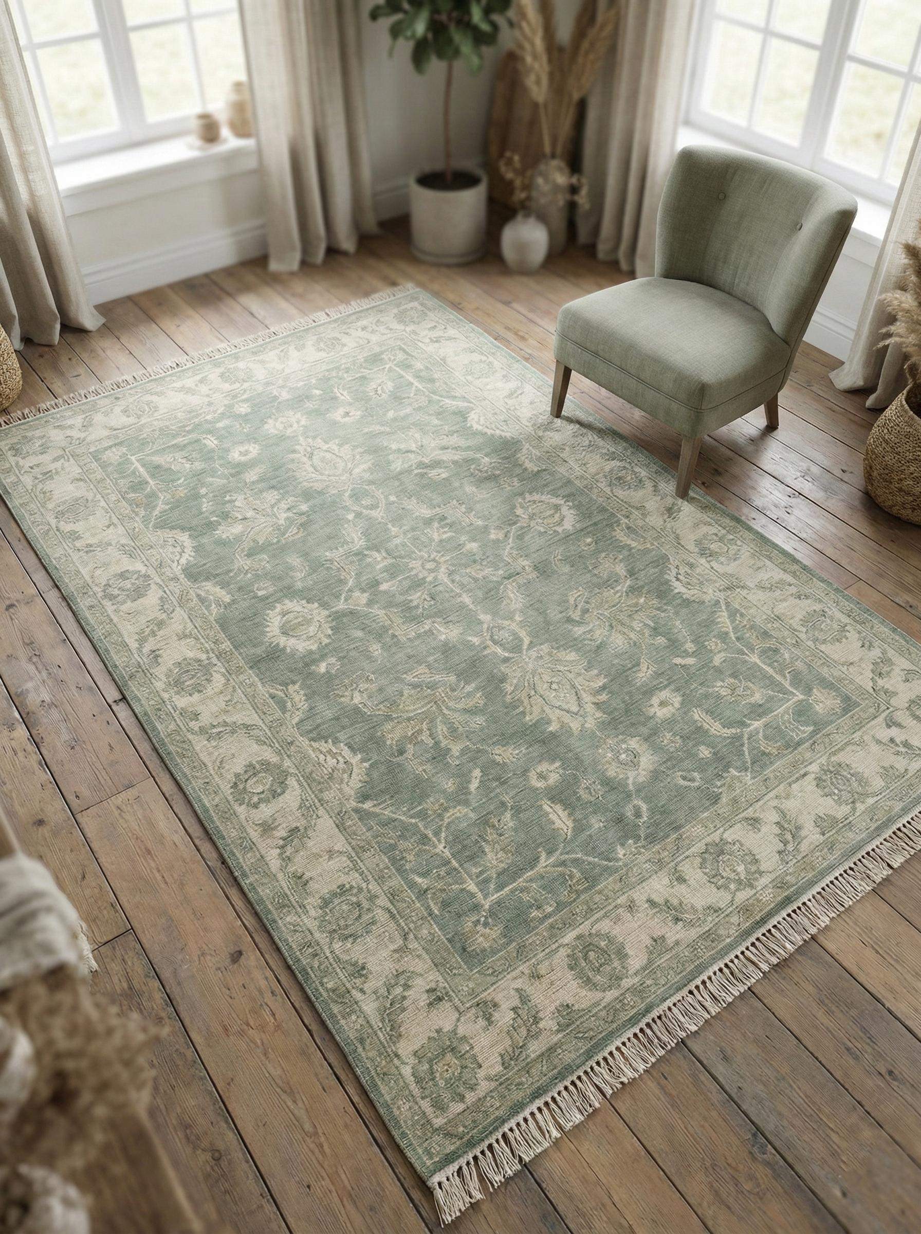 Hand knotted Oushak wool rug with sage green vintage floral design and traditional Persian style