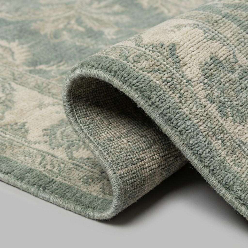 Hand knotted Oushak wool rug with sage green vintage floral design in traditional Persian style