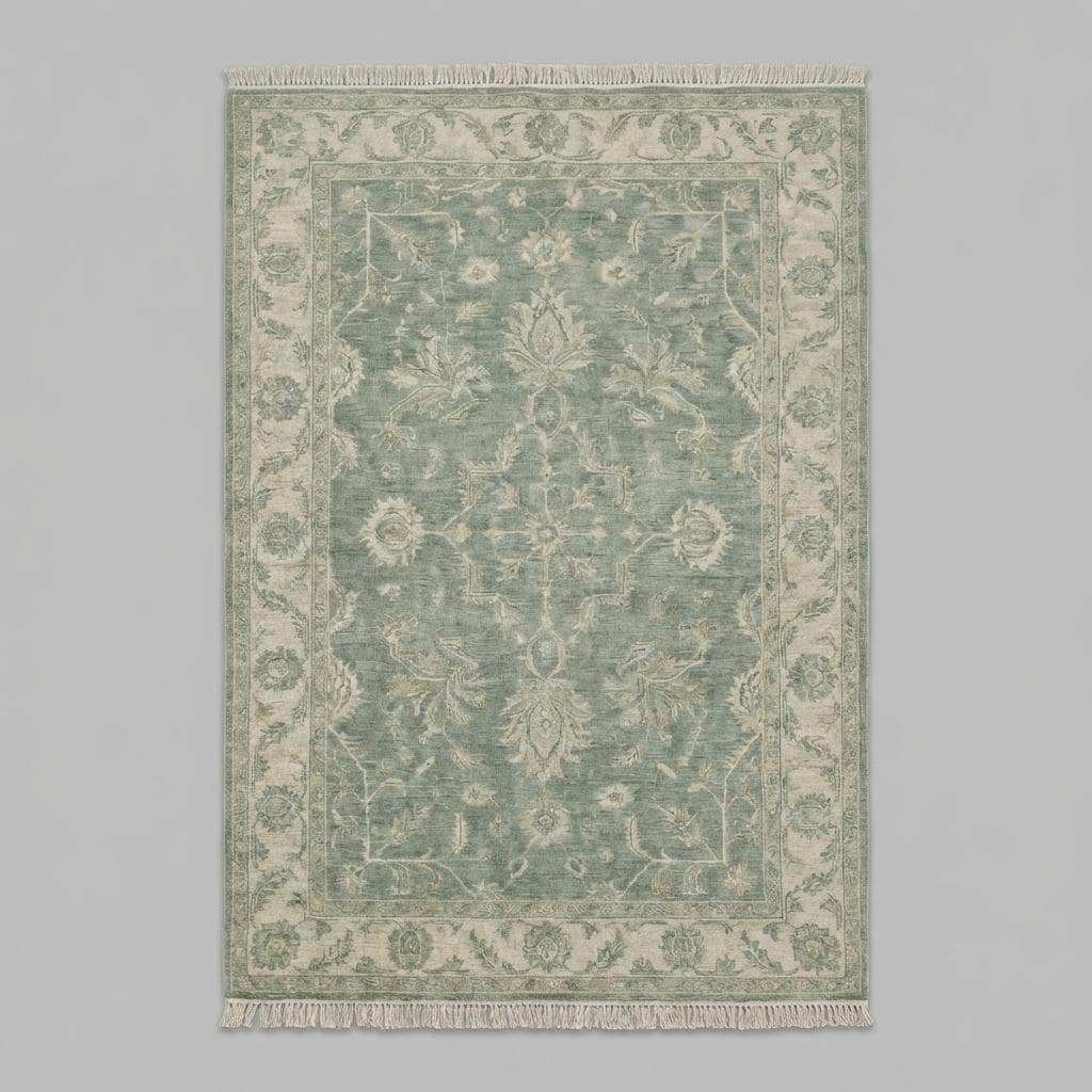 Hand knotted Oushak wool rug in sage green with vintage floral design, traditional Persian style, 8x10 area rug.