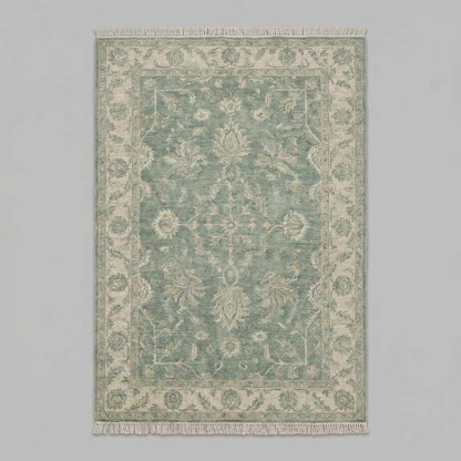 Hand knotted Oushak wool rug in sage green with vintage floral design, traditional Persian style, 8x10 area rug.