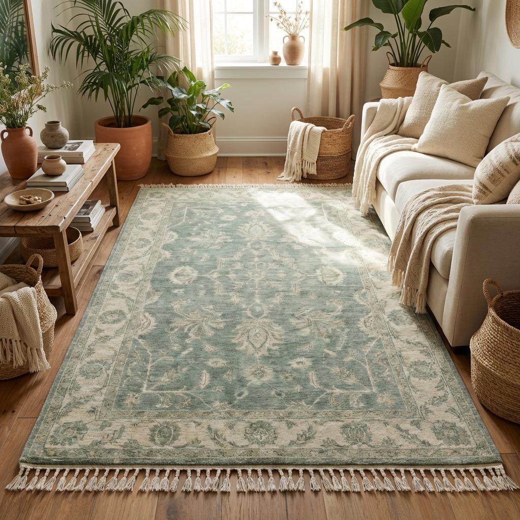 Hand knotted Oushak wool rug in sage green with vintage floral Persian design