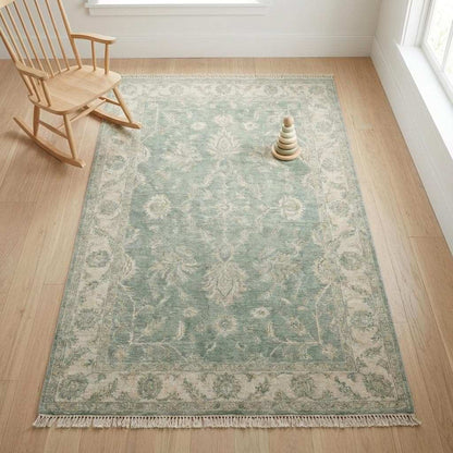 Hand knotted Oushak wool rug with sage green vintage floral design, traditional Persian style, 8x10 to 9x12 area rug for living room decor