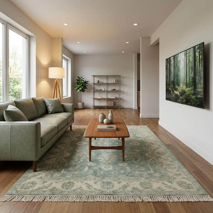 Hand knotted Oushak wool rug with sage green vintage floral design in traditional Persian style