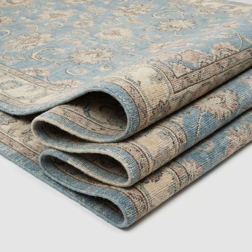 Hand Knotted Oushak Wool Rug, Soft Blue Floral Area Carpet