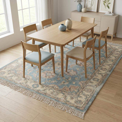 Hand Knotted Oushak Wool Rug, Soft Blue Floral Area Carpet