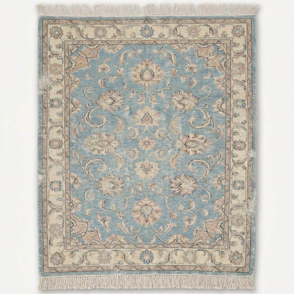 Traditional Oushak style wool rug with light blue field and ivory floral border details