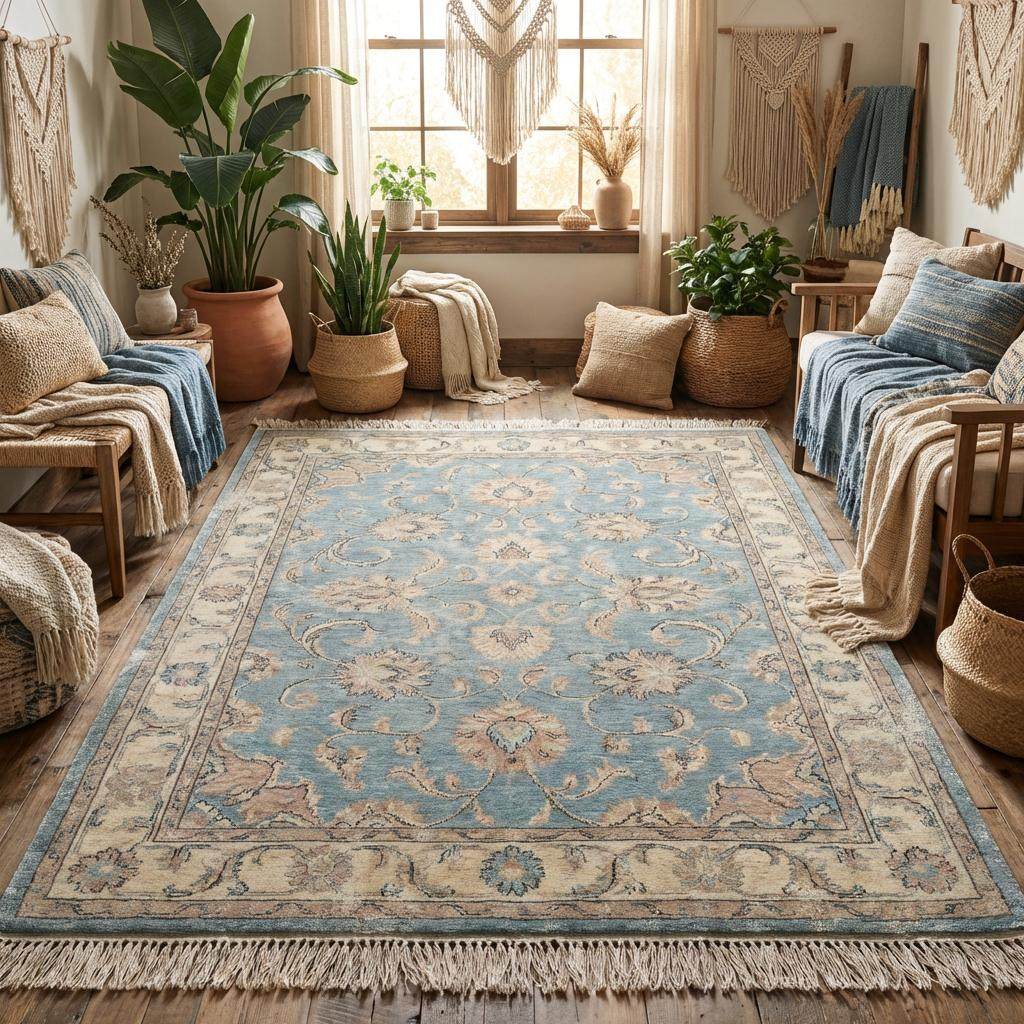 Handmade wool area rug with muted blue tones and classic Turkish floral design