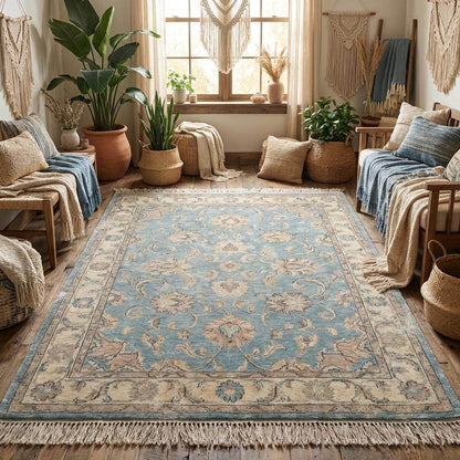 Handmade wool area rug with muted blue tones and classic Turkish floral design