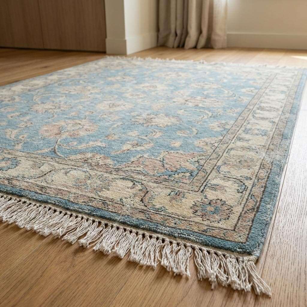Low pile hand knotted wool rug styled on wooden floor with neutral furniture