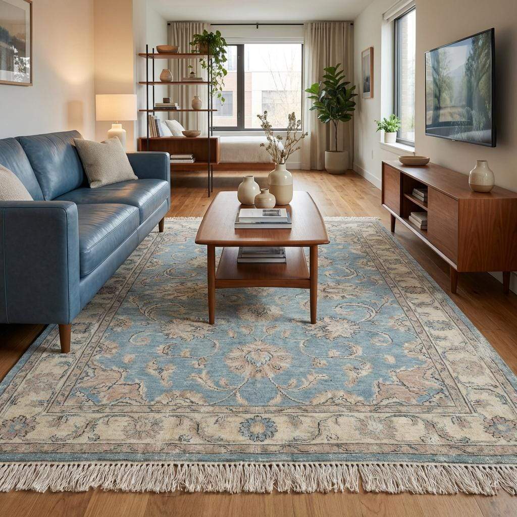 Hand Knotted Oushak Wool Rug, Soft Blue Floral Area Carpet