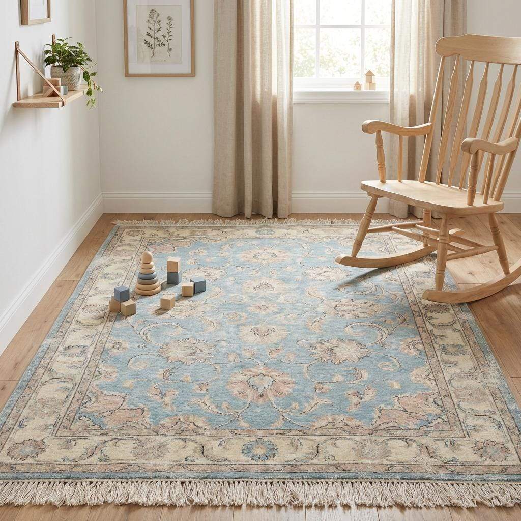 Hand Knotted Oushak Wool Rug, Soft Blue Floral Area Carpet
