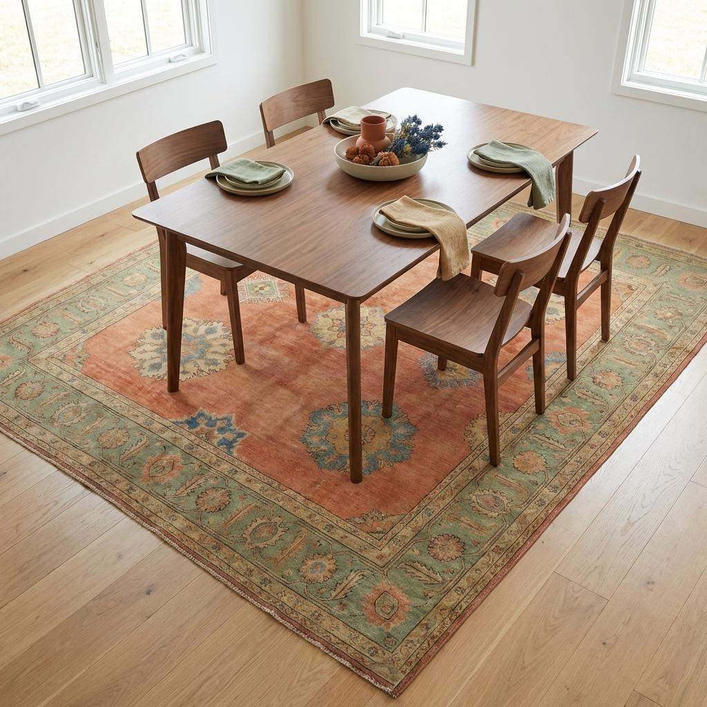 11x12 ft hand knotted Oushak wool rug with traditional floral medallion design in peach and sage green colors