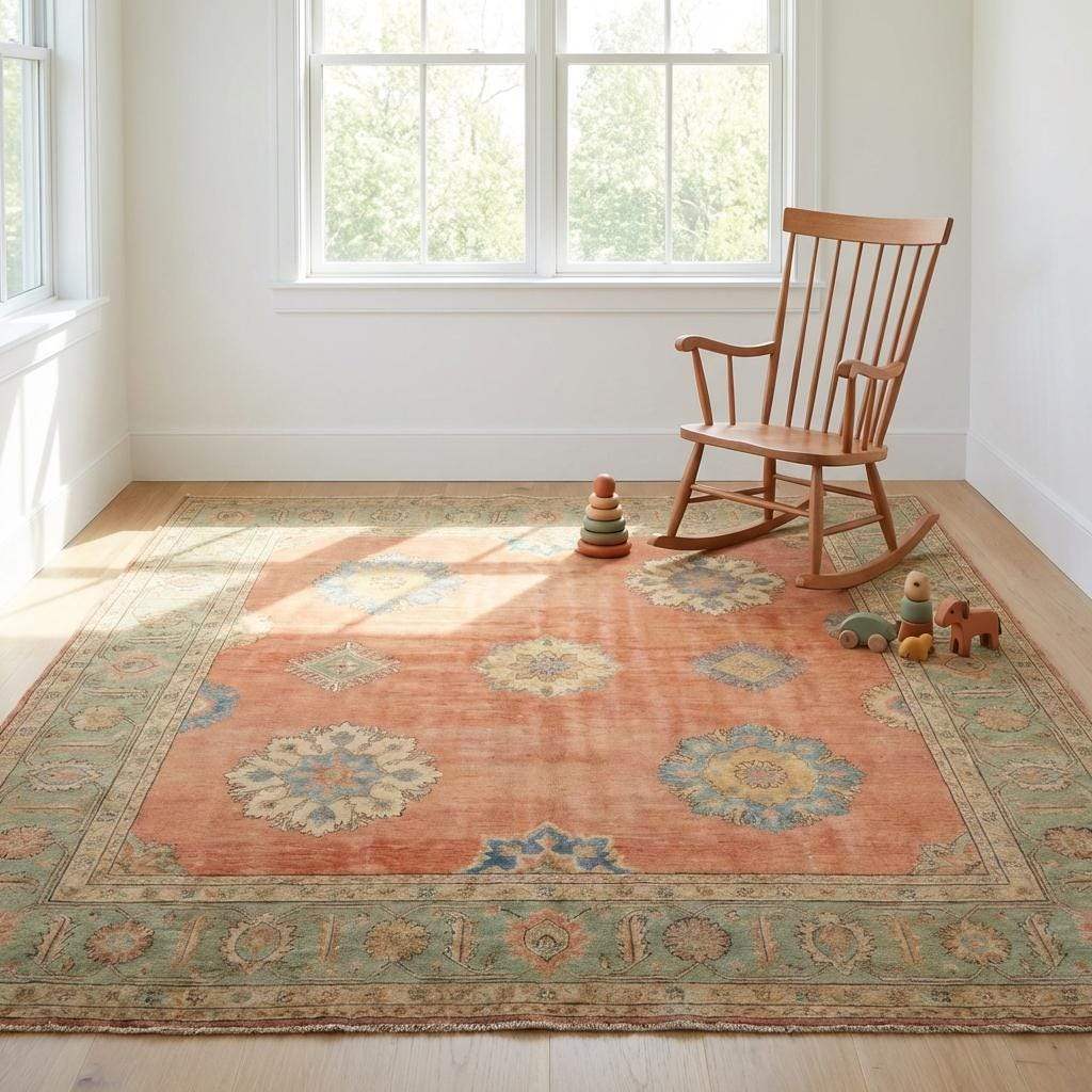 11x12 ft hand knotted wool rug with traditional floral Oushak design in peach and sage green colors