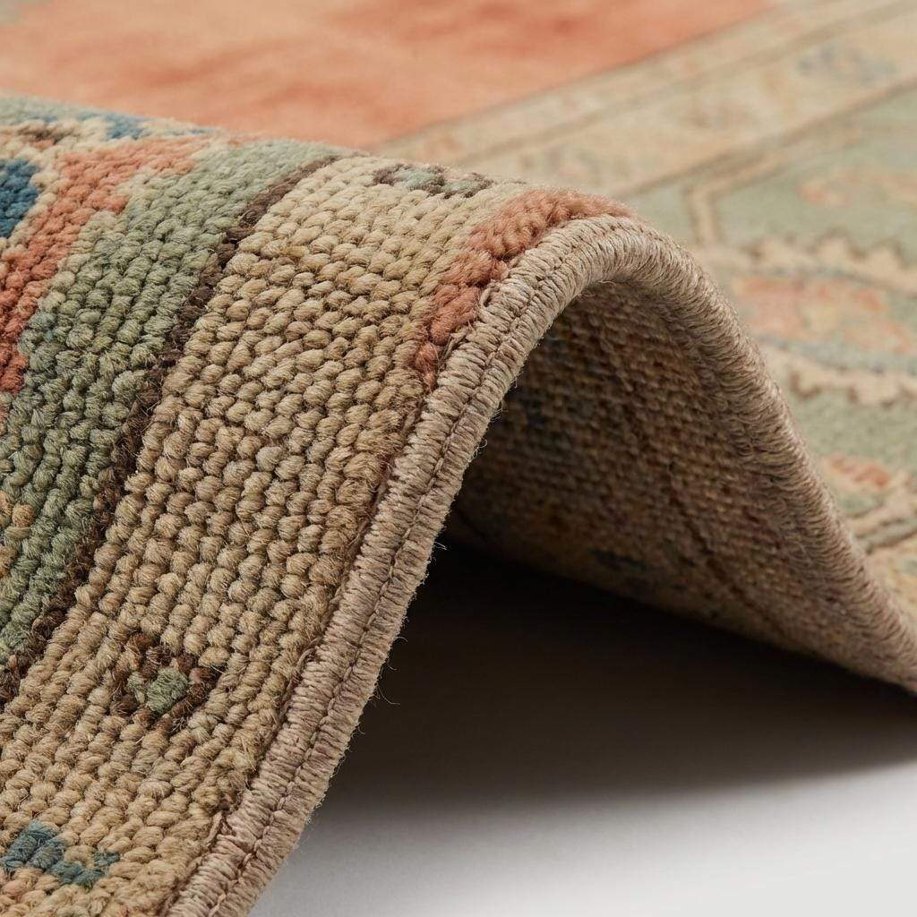 11x12 ft hand knotted wool rug with traditional Oushak floral design in peach and sage green colors