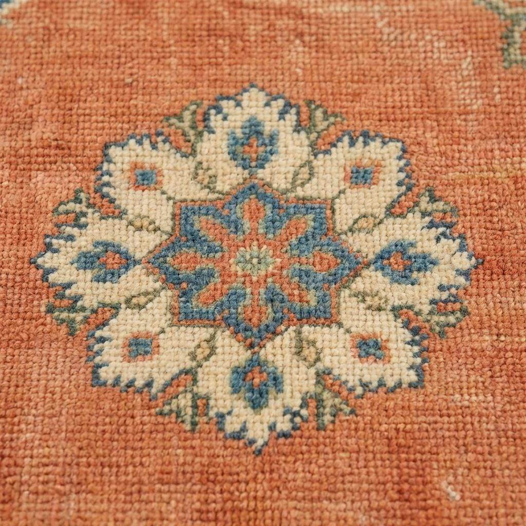 11x12 ft hand knotted wool Oushak rug with peach and sage floral design for living room