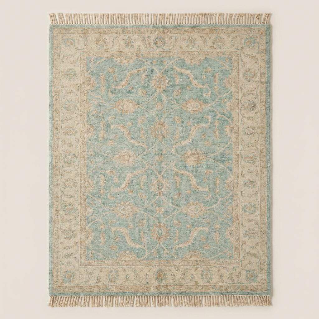 Hand knotted Oushak wool rug with vintage blue floral design in soft neutral living room setting