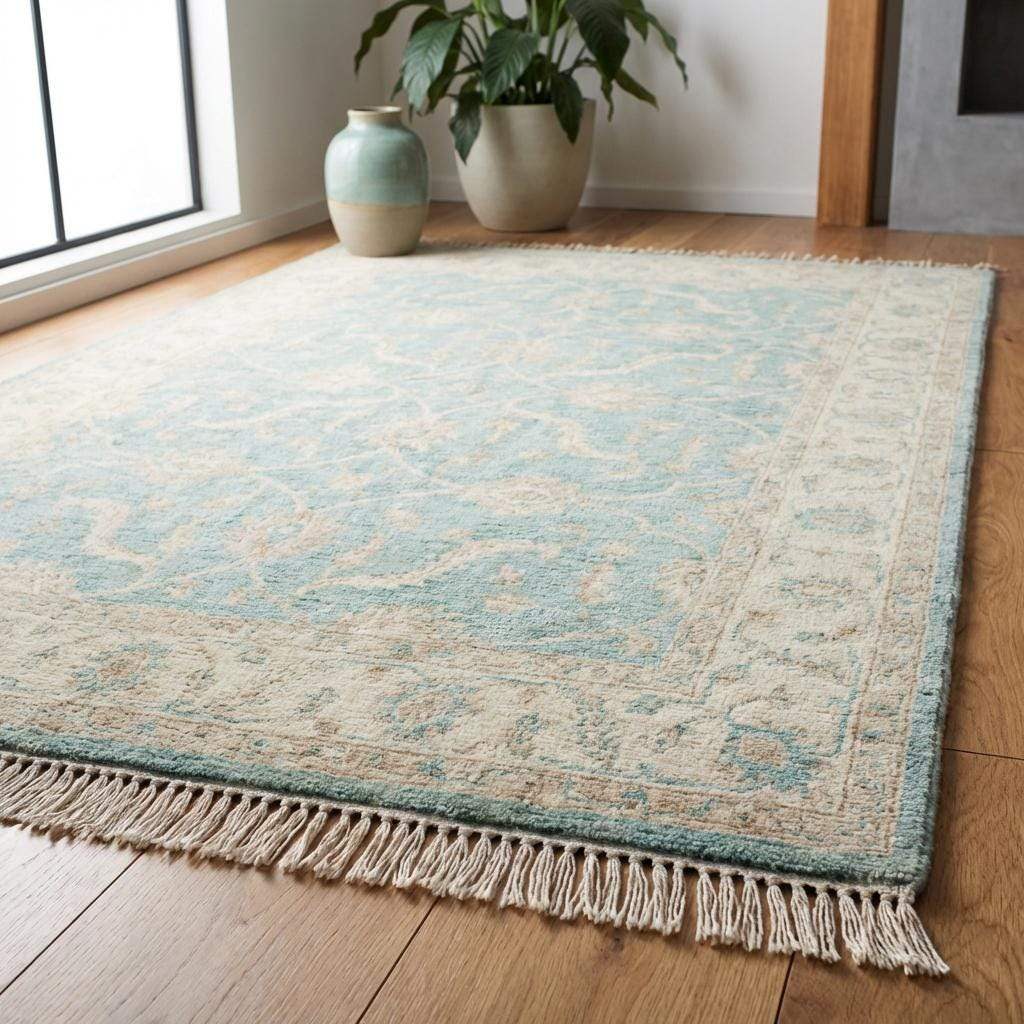 Hand knotted Oushak wool rug with vintage blue floral design in soft neutral living room setting