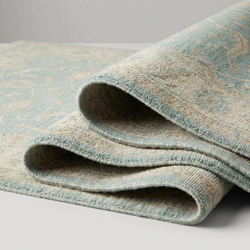 Hand knotted Oushak wool rug with vintage blue floral design in soft neutral living room setting