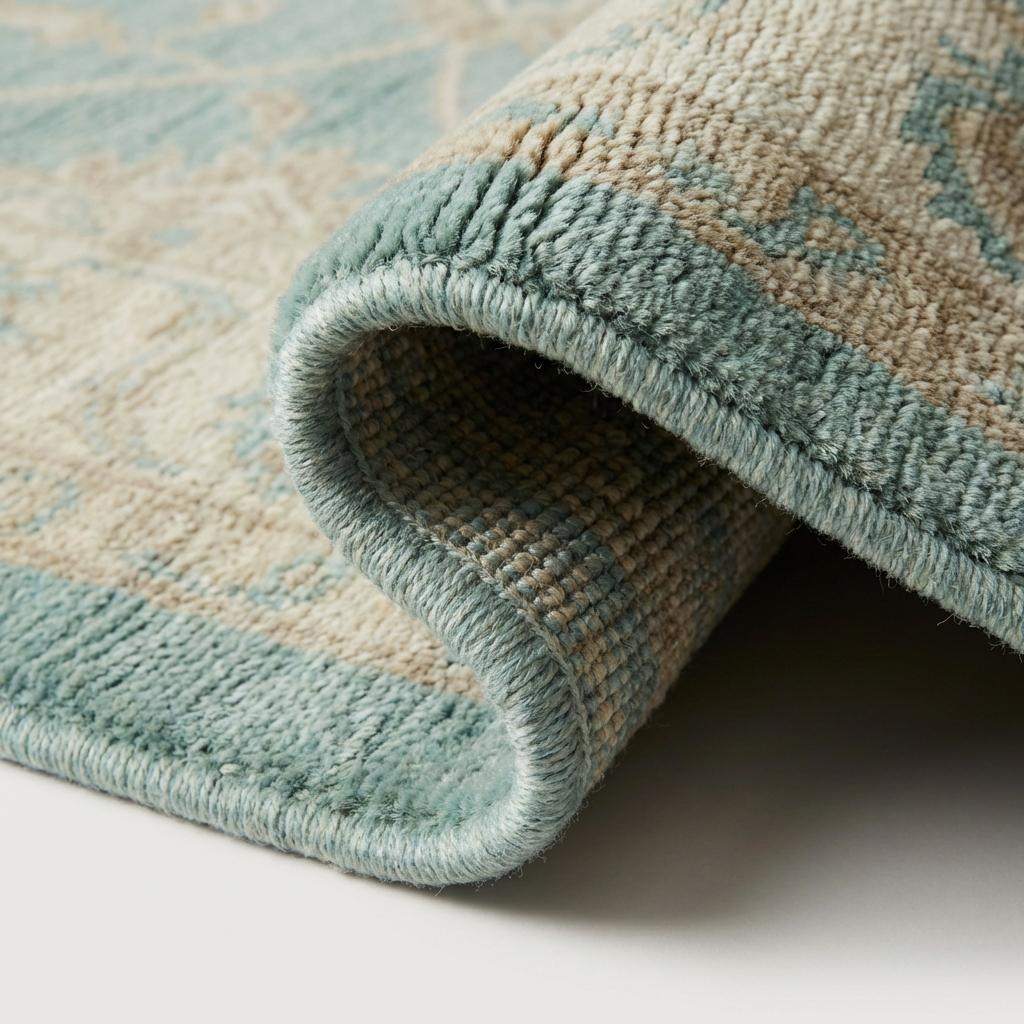 Hand knotted Oushak wool rug with vintage blue floral design in soft neutral living room setting