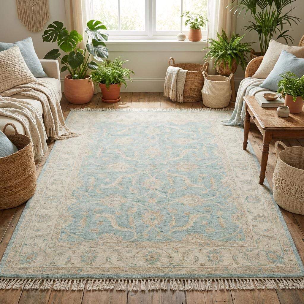 Hand knotted Oushak wool rug with vintage blue floral design in soft neutral living room setting