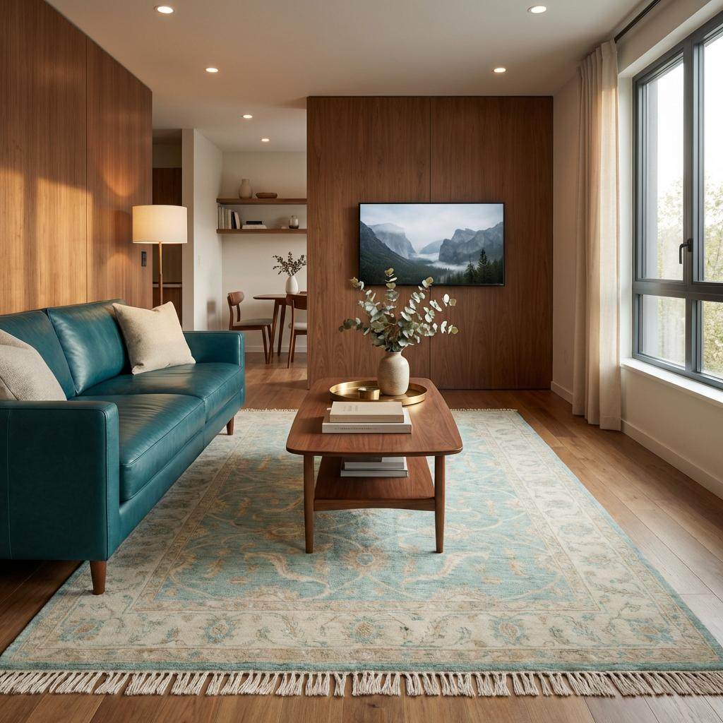 Muted aqua and cream handmade wool rug placed beneath modern accent chair in airy interior __etsy:7708569156