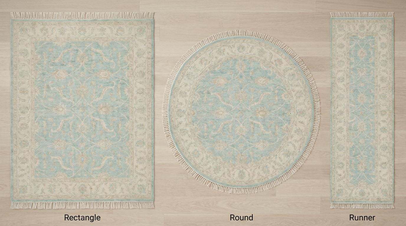 Vintage blue floral hand knotted Oushak wool rug in soft neutral living room setting