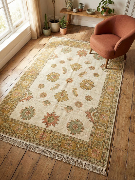 Hand knotted Oushak wool rug with ivory gold floral design for traditional living rooms