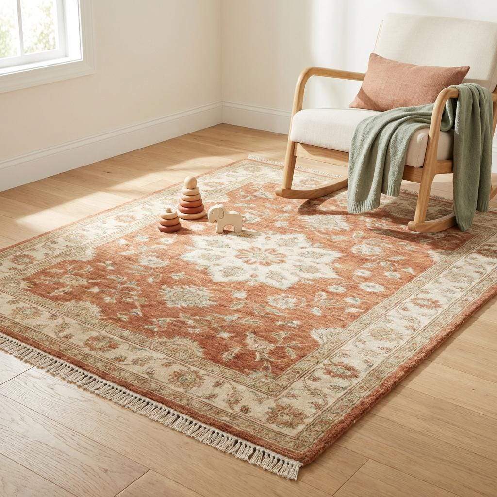 Hand Knotted Oushak Wool Rug with Floral Medallion for Living Room