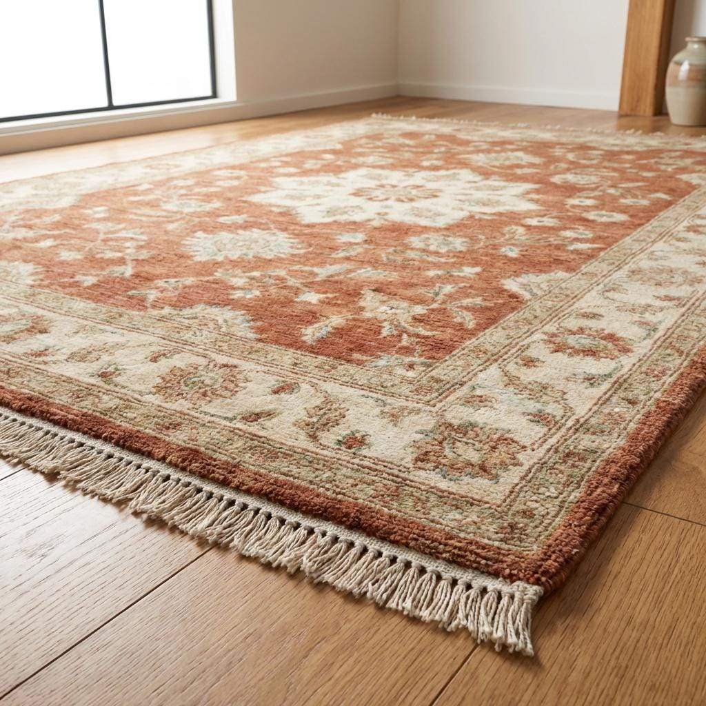 Hand Knotted Oushak Wool Rug with Floral Medallion for Living Room