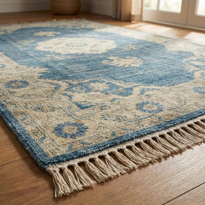 Hand Knotted Oushak Wool Rug 6x9 8x10 9x12, Vintage Blue Medallion Area Rug, Soft Turkish Style Living Room Carpet, Handmade Floral Rug