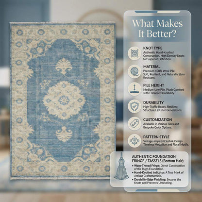 Hand Knotted Oushak Wool Rug 6x9 8x10 9x12, Vintage Blue Medallion Area Rug, Soft Turkish Style Living Room Carpet, Handmade Floral Rug