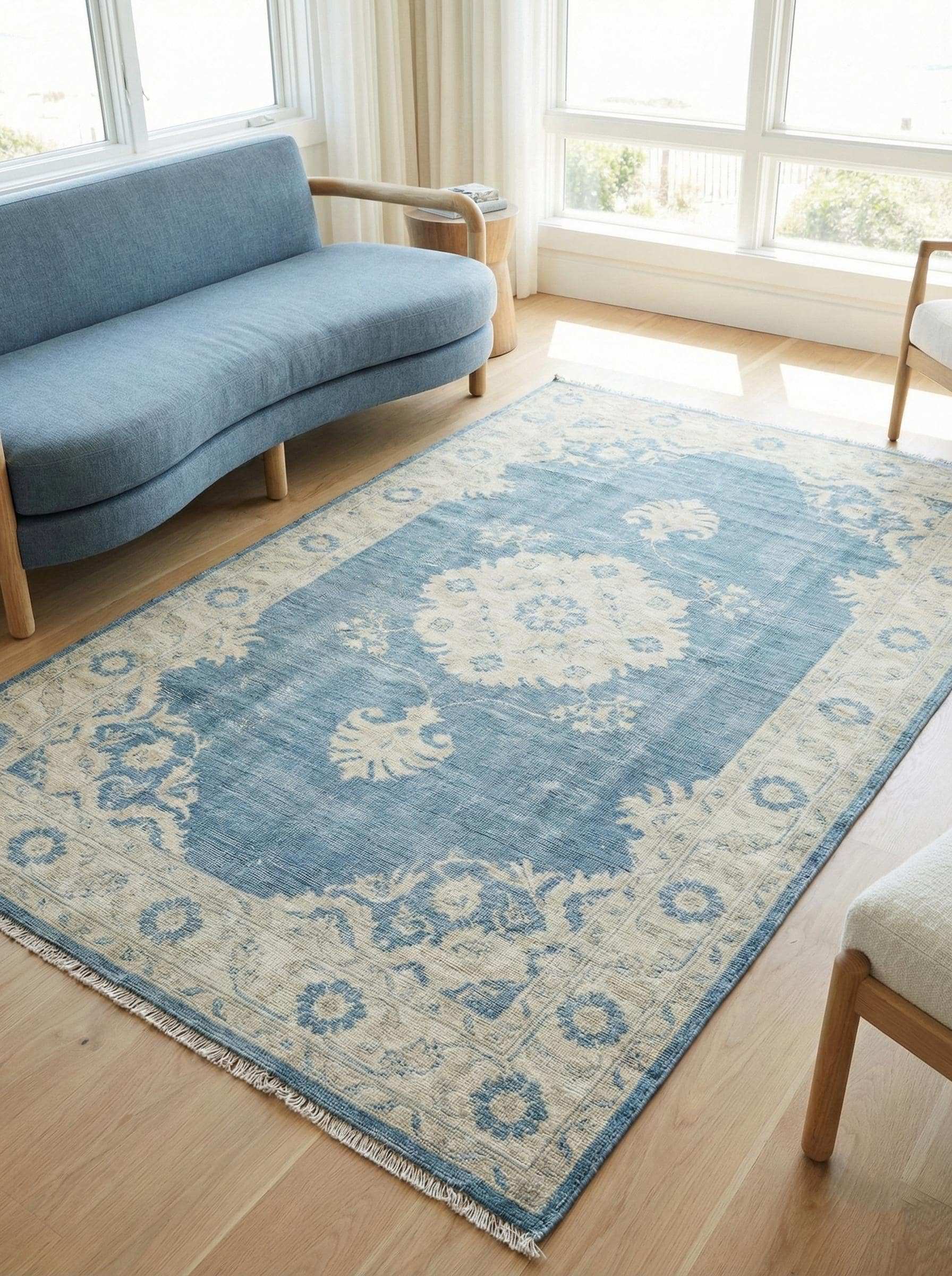 Hand Knotted Oushak Wool Rug in vintage blue with floral medallion design for living room decor